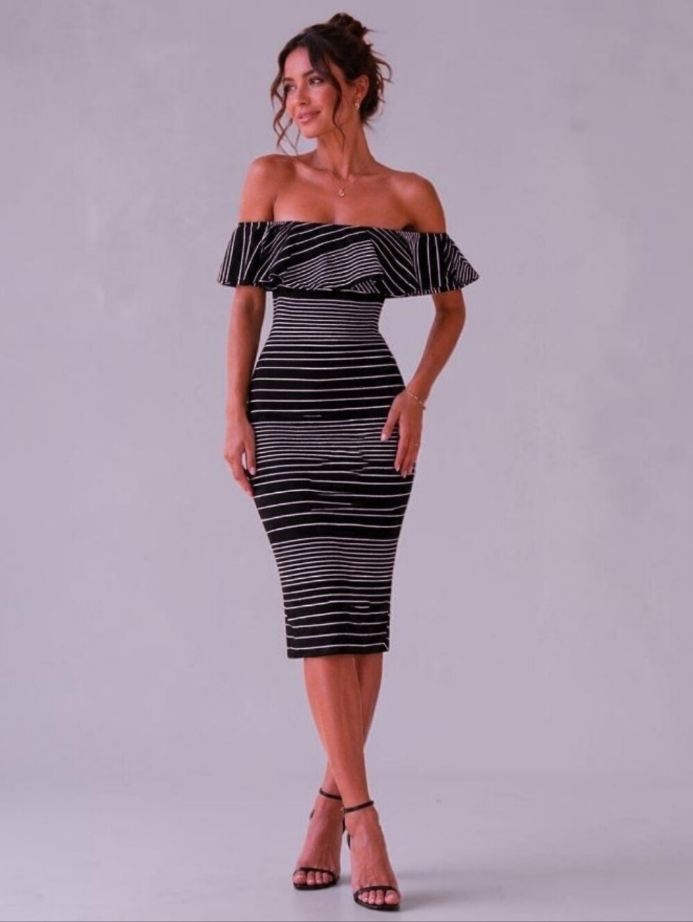 Romeo and Juliet Couture Striped Midi Ruffle Dress, Navy/White Stripes, EUC, M